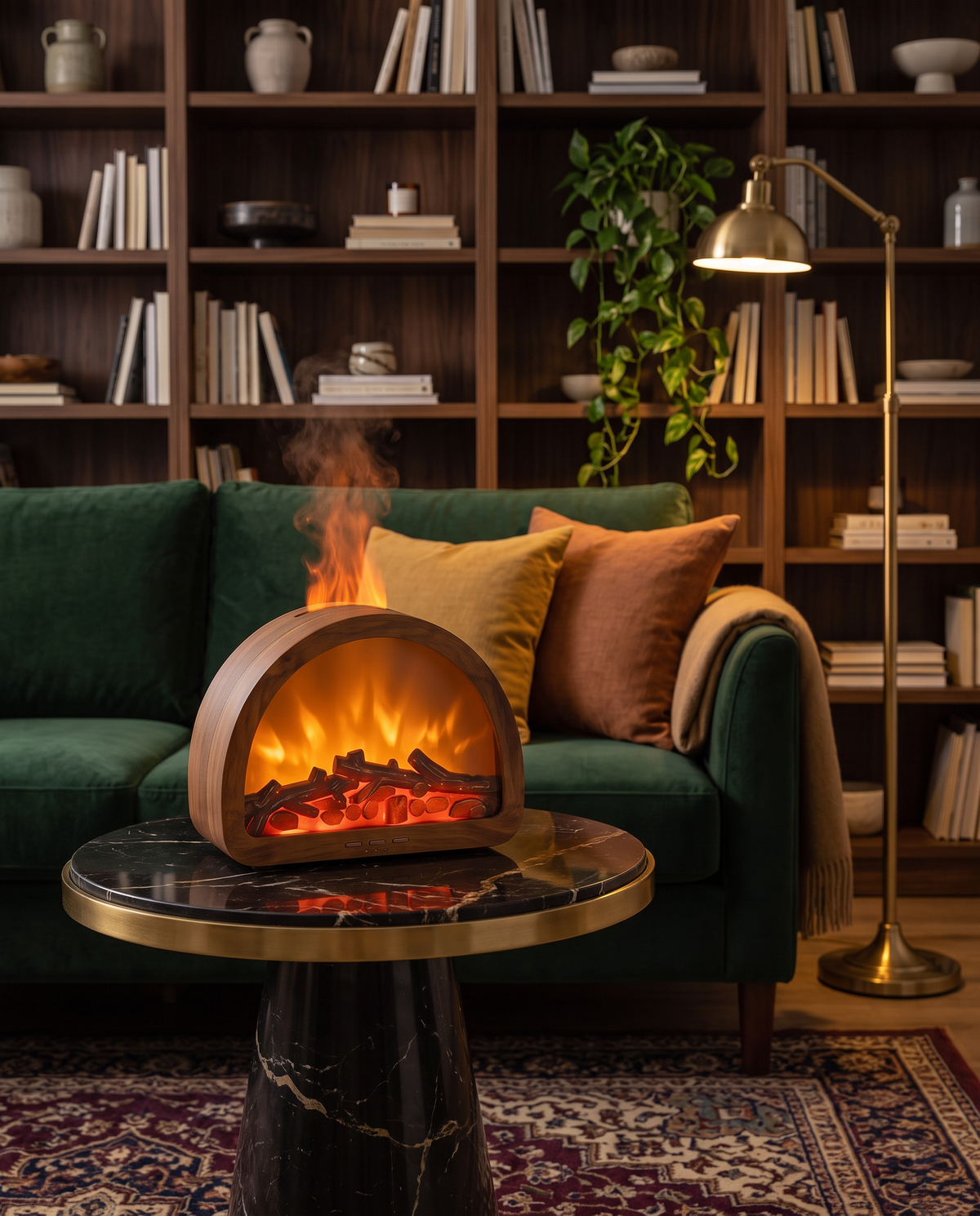 HearthMist Mini Fireplace on a living room shelf